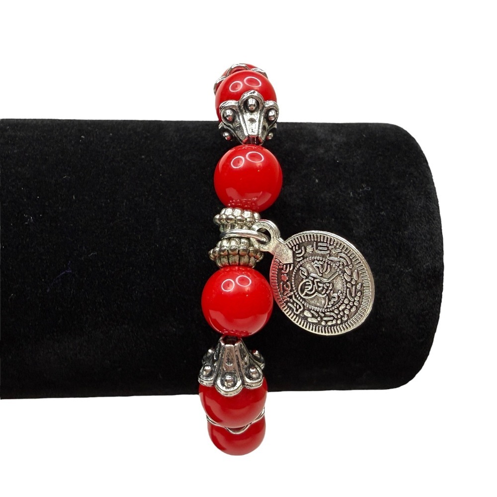 Red Acrylic Bead Medallion Coin Charm Bracelet Silver Tone Accents Jewelry Sz 7